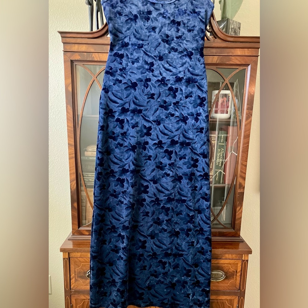 Bisou Bisou Deep Blue Floral Velvet Bodycon Full Length Gorgeous Dress S/M - Picture 5 of 6